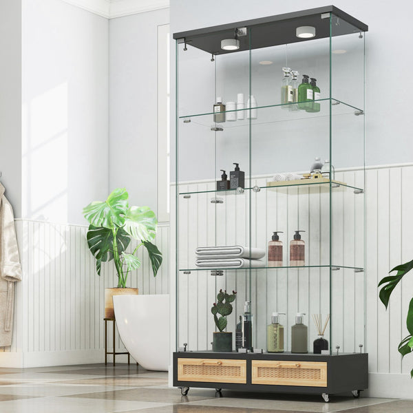 English Elm Modern Glass Display Cabinet With Led Lights, 4 Shelves & Drawers - Stylish Furniture For Collectors W241S00057
