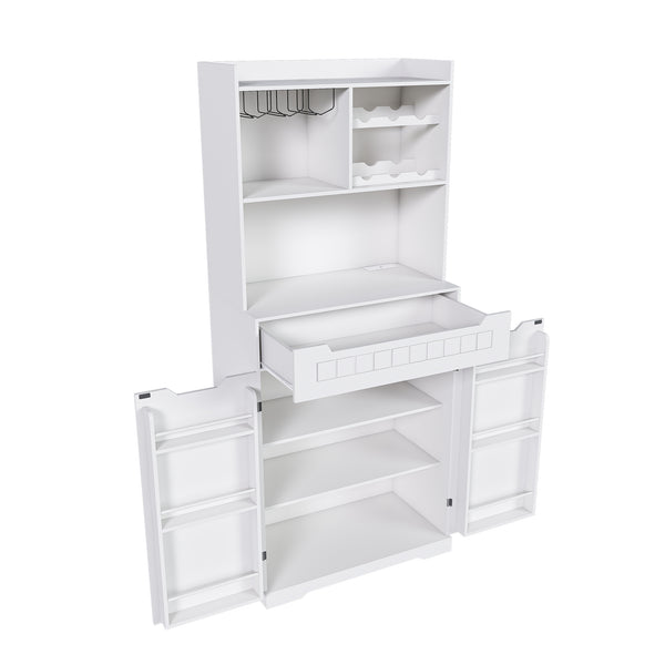 English Elm White Buffet Cabinet with Hutch 70" Tall Modern Farmhouse Sideboard | 2 Drawers, Barn Doors, Coffee Bar, Sturdy Storage W2700P300564