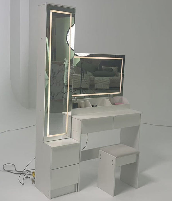 English Elm Full Bedroom Vanity Set with Led Round Mirror Touch Lighting Stool and Cabinet Storage White W3258S00007