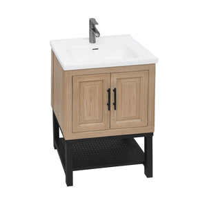 English Elm 24" Bathroom Vanity with Smooth White Ceramic Sink, Durable Metal Hinges, Adjustable Feet, Sleek Faucet & Open Iron Shelf Natural W688P224403