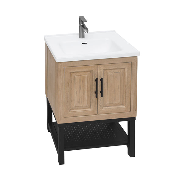 English Elm 24" Bathroom Vanity with Smooth White Ceramic Sink, Durable Metal Hinges, Adjustable Feet, Sleek Faucet & Open Iron Shelf Natural W688P224403