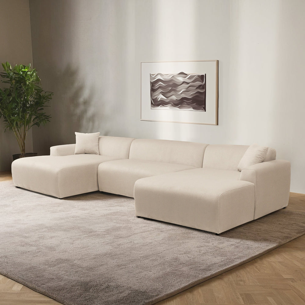 English Elm Ashcroft Furniture - Mar U-Shape Corduroy Sofa Cream — Mid-Century Modern Sectional, High-Density Foam Comfort, Spacious B183S00123