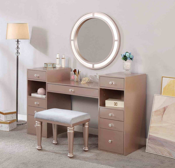 English Elm Glam Elegant Vanity Set with LED Mirror, Plush Stool, Ample Storage, Felt-Lined Drawers, Chic Finish Rosy 23 L x 18 W x 40 H B2741S00680