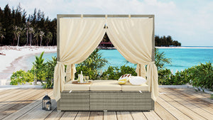 English Elm U_Style Outdoor Adjustable Sun Bed with Canopy & Curtains, Steel Frame, PE Rattan, 400lb Capacity Beige WY000437AAA