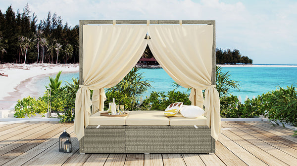 English Elm U_Style Outdoor Adjustable Sun Bed with Canopy & Curtains, Steel Frame, PE Rattan, 400lb Capacity Beige WY000437AAA