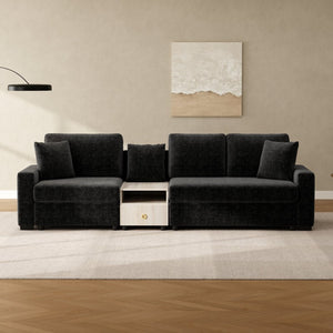 English Elm Modern Chenille Three Seat Sofa with Console Storage Armrest for Living Room Black N763S000060B