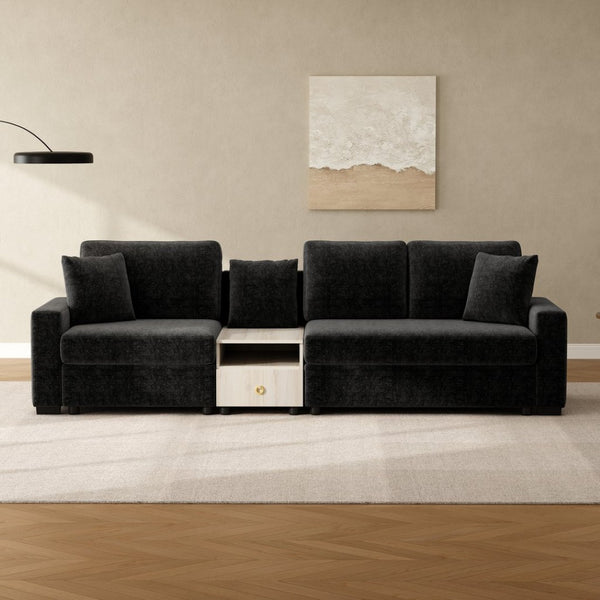 English Elm Modern Chenille Three Seat Sofa with Console Storage Armrest for Living Room Black N763S000060B