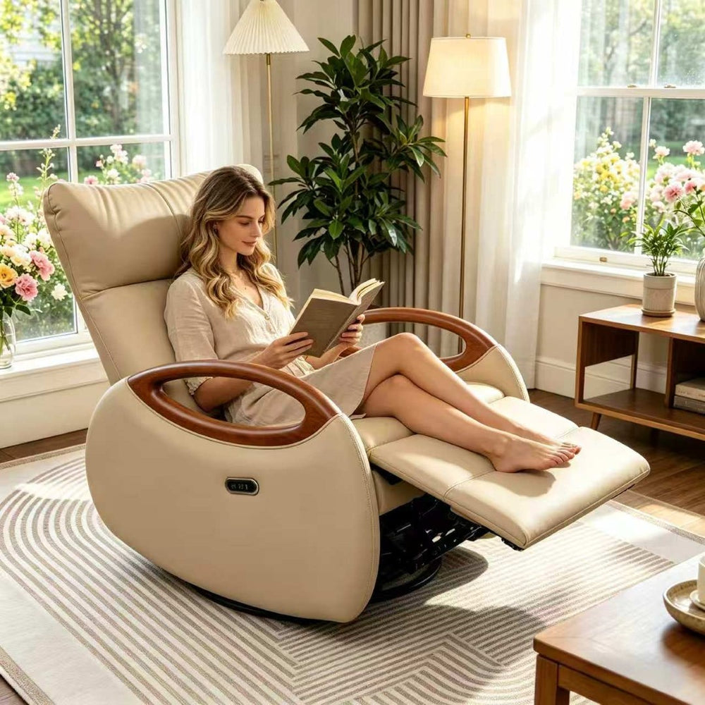 English Elm Power Recliner Chair with 260 Degree Swivel Oak Armrests and Eco Leather Upholstery W3795P499257