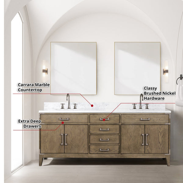 English Elm Grey Oak Double Bath Vanity Set With Carrara Marble Top, Chrome Faucets & 36" Mirrors - 80" Wide B2731S01875
