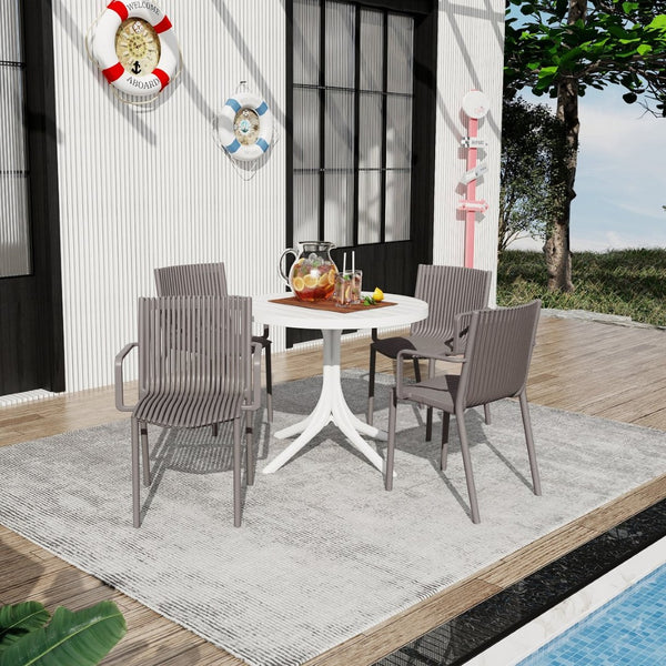 English Elm Summer 5 Piece Stackable Polypropylene Outdoor Dining Set with Round Table for Patios Warm Grey,White W3450S00023