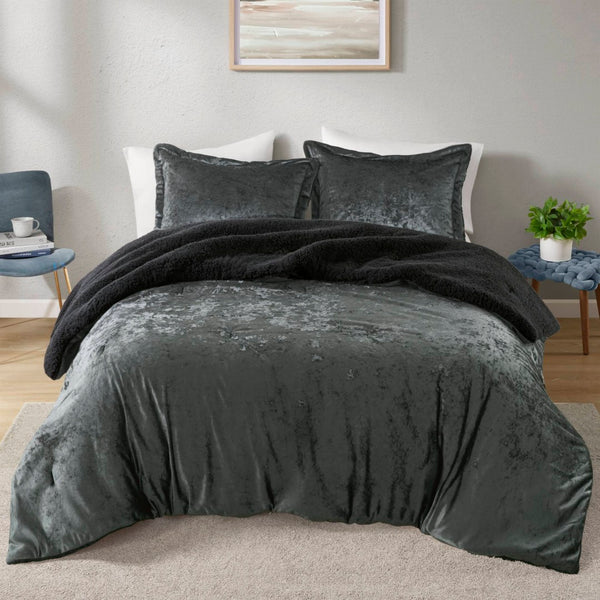 English Elm 3 Piece Crushed Velvet Reversible Comforter Set Full Queen Luxe Hypoallergenic Bedding Charcoal B035P319857