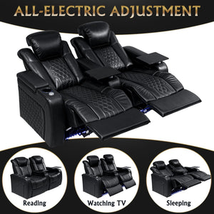 English Elm 68.9"power Recliner Set Top-grain Nappa Leather Rgb Led Home Theater Seating Black W3819S00090