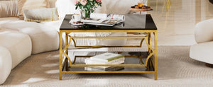English Elm Square Glass Coffee Table 33.5" — Modern Tempered Glass Top with Gold Geometric Metal Frame & Shelf Black N735P326510B