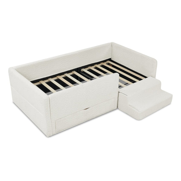 English Elm Twin Boucle Upholstered Kids Bed with Guardrails Built in Storage and Cushioned Step Stool Beige W1413P433364