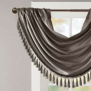 JLA Home Madison Park - Faux Silk Waterfall Valance with Tassel Trim, Lined Rod-Pocket Design for Hotel-Quality Window Styling Pewter MP41-4958