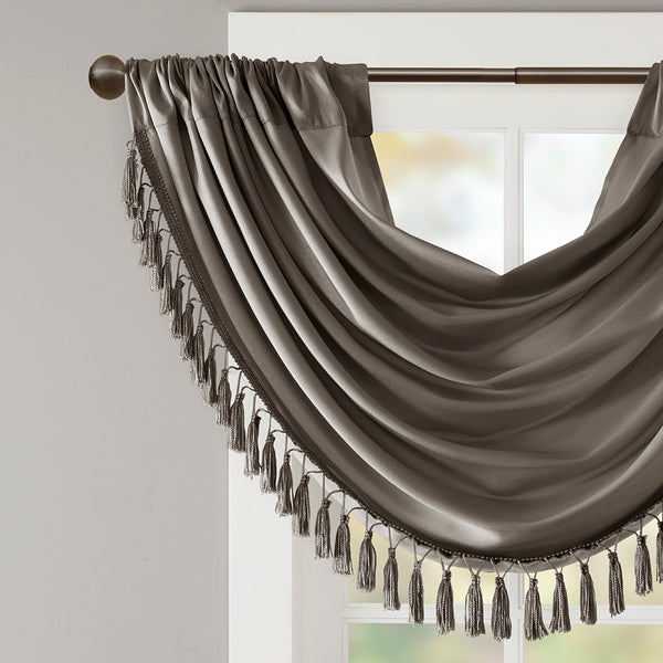 JLA Home Madison Park - Faux Silk Waterfall Valance with Tassel Trim, Lined Rod-Pocket Design for Hotel-Quality Window Styling Pewter MP41-4958