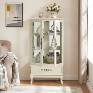 English Elm Curio Lighted Glass Display Cabinet with Adjustable Shelves, Vintage Drawer & Carved Metal Handle, Dark Finish Antique White W2275P199815
