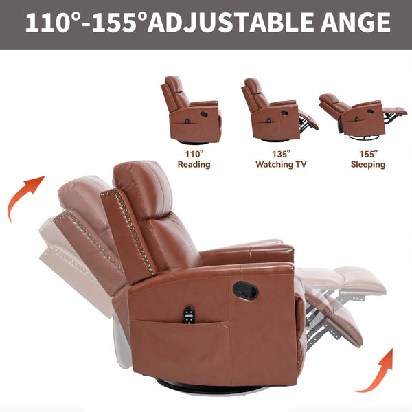 English Elm Red Genuine Leather Swivel Rocker Recliner with Massage Heat for Living Room W1803P323709