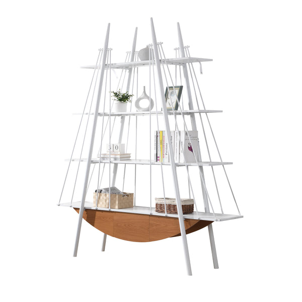 English Elm Sailboat-Inspired Industrial 4-Tier Bookshelf with Drawer — Nautical MDF & Metal Display Rack for Home Decor White W2317P253454