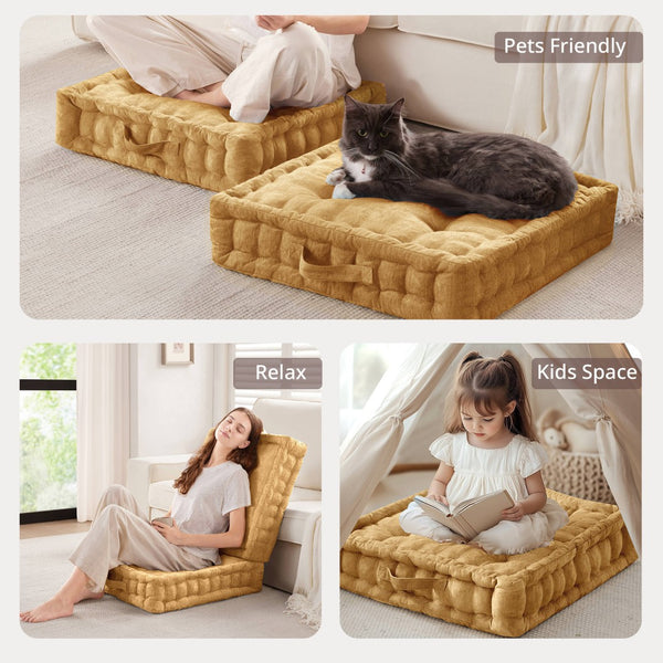English Elm 1- Piece Tufted Chenille Floor Cushion with Scalloped Edge for Bohemian Living Spaces Yellow B035P482972