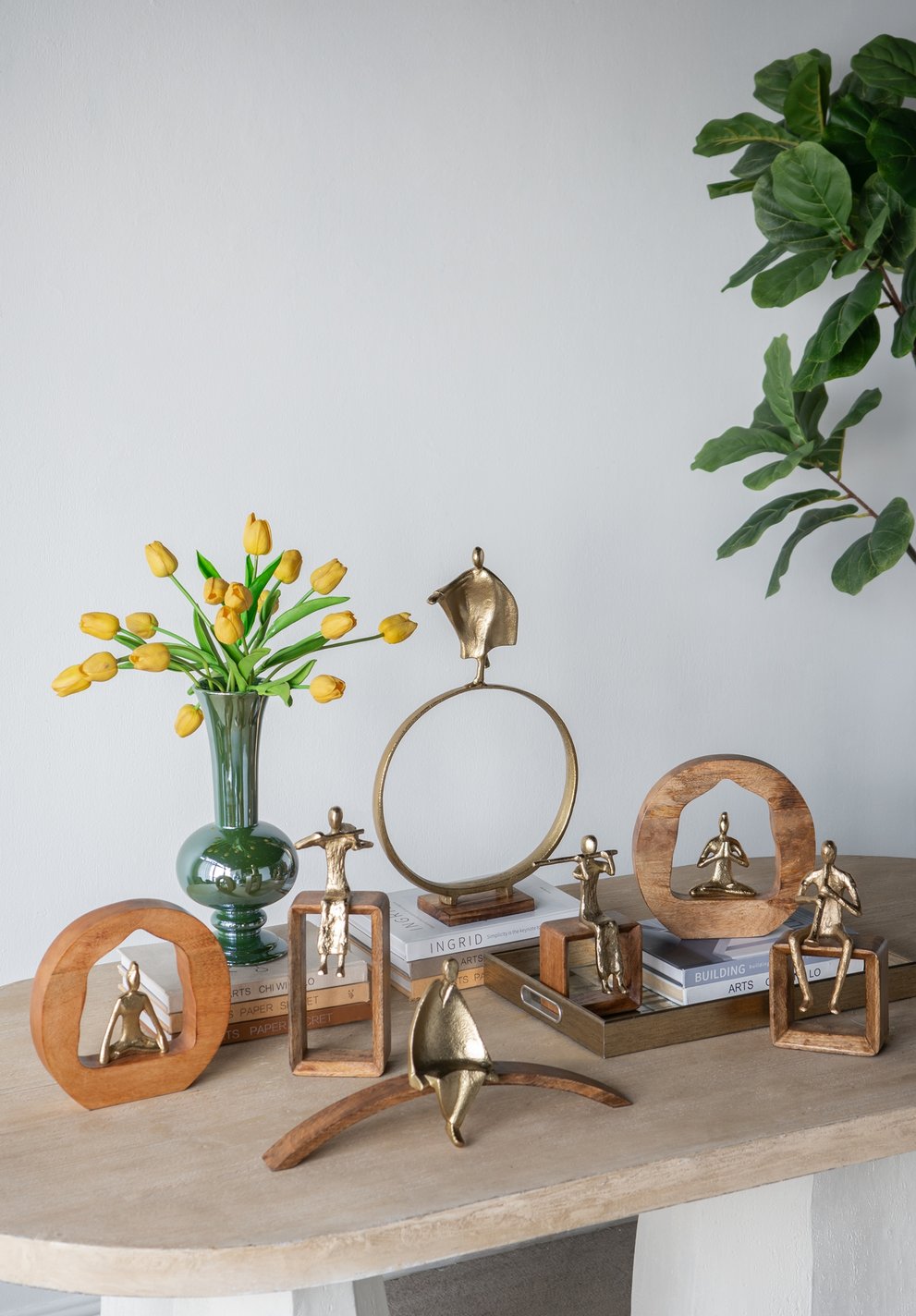 English Elm 9x1.5x9" Mango Wood & Aluminum Yoga Decor Sculpture — Tranquil Abstract Figurine for Home Desk Ambience W2078P370350