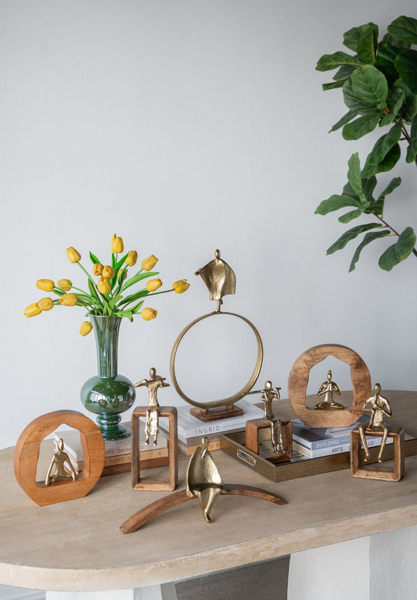 English Elm 9x1.5x9" Mango Wood & Aluminum Yoga Decor Sculpture — Tranquil Abstract Figurine for Home Desk Ambience W2078P370350