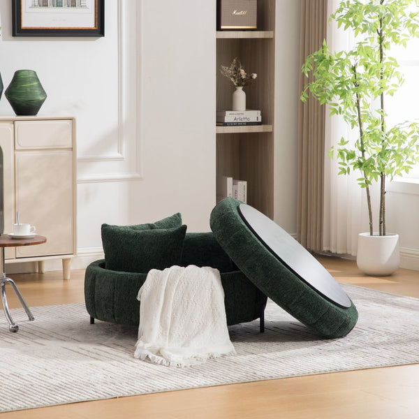 English Elm 31.3"w Chenille Channel Tufted Round Storage Ottoman Sculptural Pumpkin Seat for Any Room Green W3118P439478