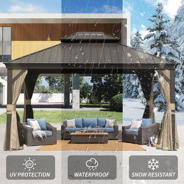 English Elm 10' X 14' Hardtop Gazebo - Durable Aluminum Frame, Double Roof, Curtains & Netting For Year-Round Comfort W1859S00160