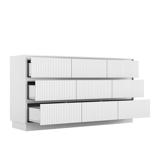 English Elm 9 Drawer Mid Century Wood Dresser Low Profile Matte Finish Bedroom Storage Cabinet White W409S00013