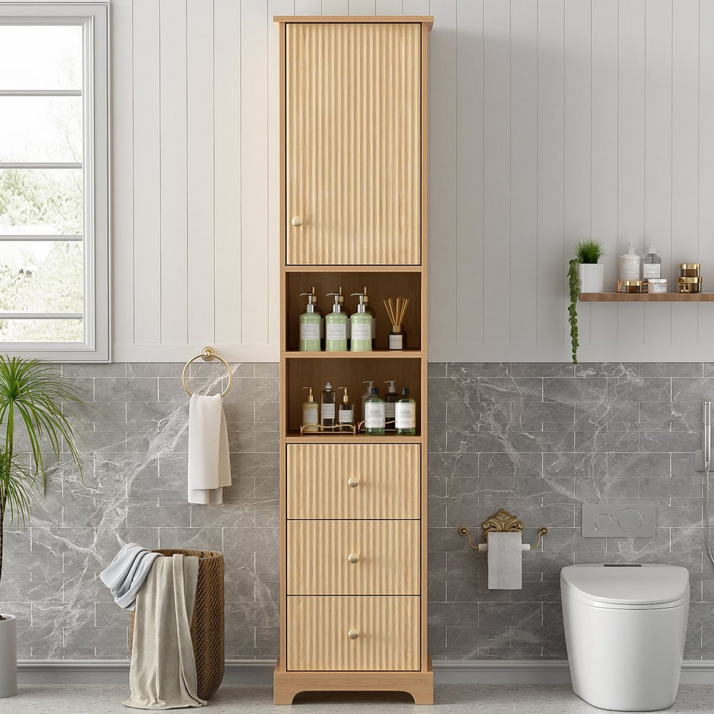 English Elm 67.7" Tall Freestanding Bathroom Cabinet with 3 Drawers, Open Shelves, Gold Handles, Anti-Tip Safety N729P335604O