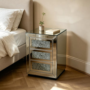 English Elm 3-drawer Mirrored Nightstand with Glitter Glam Silver Finish for Bedroom or Entryway W3935P462091