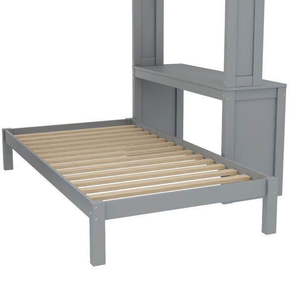 English Elm Queen Solid Wood Bunk Bed With Dismountable Twin, Desk, Shelves & Wardrobe - Modern Grey Design W1580S00215-GIGA