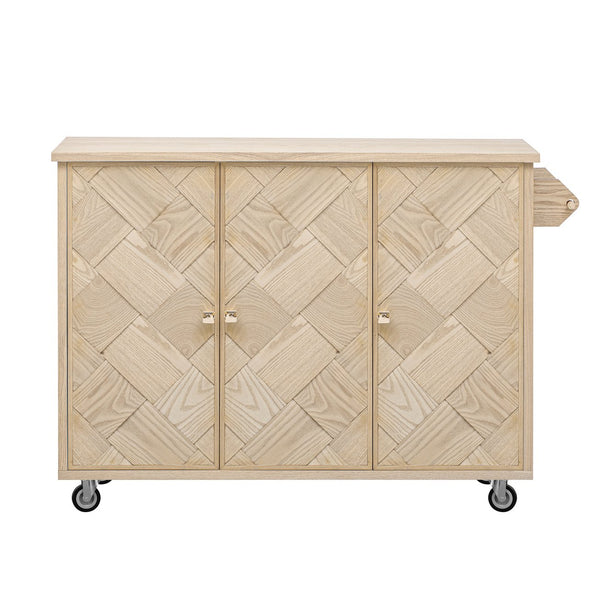 English Elm K&K Farmhouse Kitchen Island with 3D Wave Stripes Ash Veneer, Drop Leaf, Rolling Cart Storage Natural Wood N707P207916Y