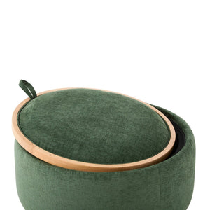 English Elm 29" Round Boucle Storage Ottoman Sculptural Wood Base Reversible Lid Living Room Green N723P405304G
