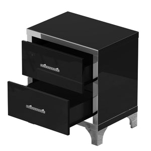 English Elm High Gloss Mirrored 2 Drawer Nightstand Slim Metal Legs Modern Bedroom Side Table Black W5271P416537