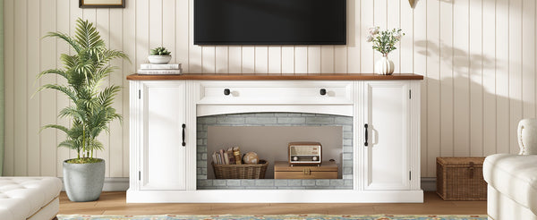 English Elm Elegant Walnut Media Console with Gray Brick Base Open Bay and Adjustable Shelving White N721P394506K
