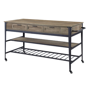 English Elm Macaria Rustic Oak Kitchen Island with Black Metal Base, 3 Drawers, 2-Tier Shelves & Wheels B2726P292333