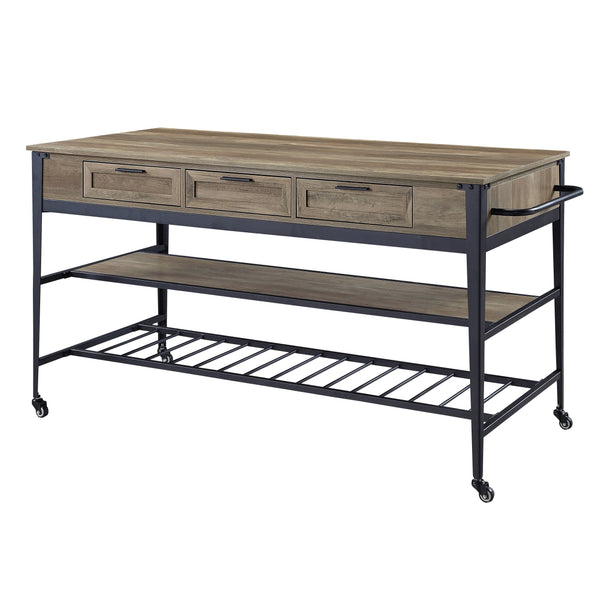 English Elm Macaria Rustic Oak Kitchen Island with Black Metal Base, 3 Drawers, 2-Tier Shelves & Wheels B2726P292333