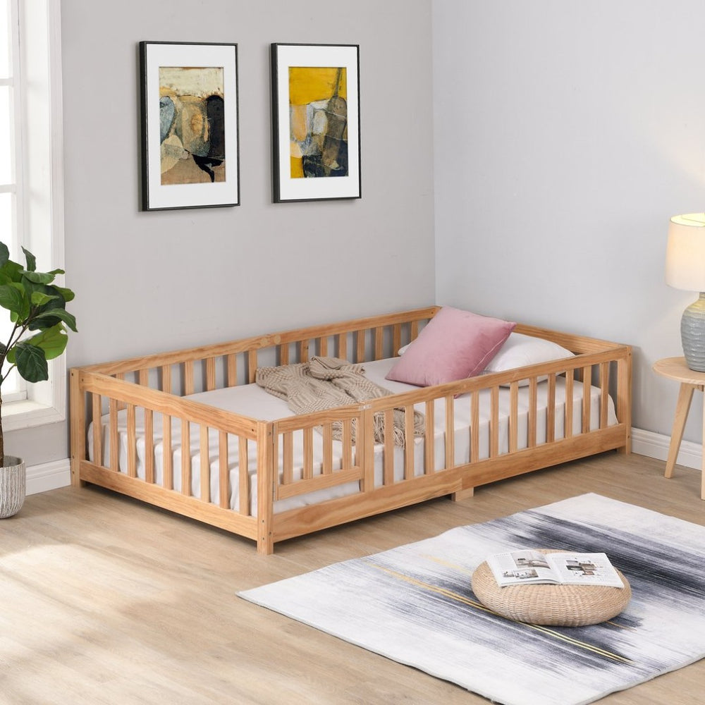 English Elm Twin Pine Wood Floor Bed with Safety Guardrails and Door for Kids Bedroom W495123236