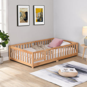 English Elm Twin Pine Wood Floor Bed with Safety Guardrails and Door for Kids Bedroom W495123236