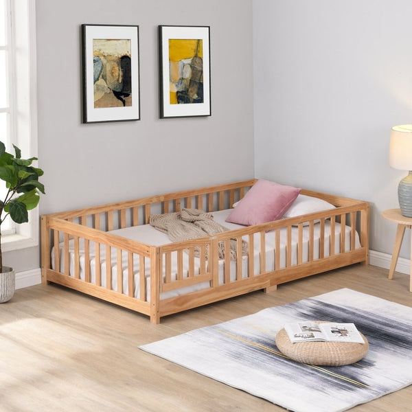 English Elm Twin Pine Wood Floor Bed with Safety Guardrails and Door for Kids Bedroom W495123236
