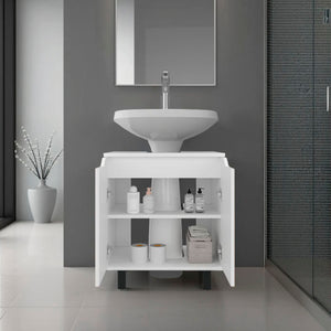 English Elm Marlo White Under Sink Cabinet 22" Wide with Cut-Out Back, Two Doors, Open Shelf, Modern Compact Storage B200P363785
