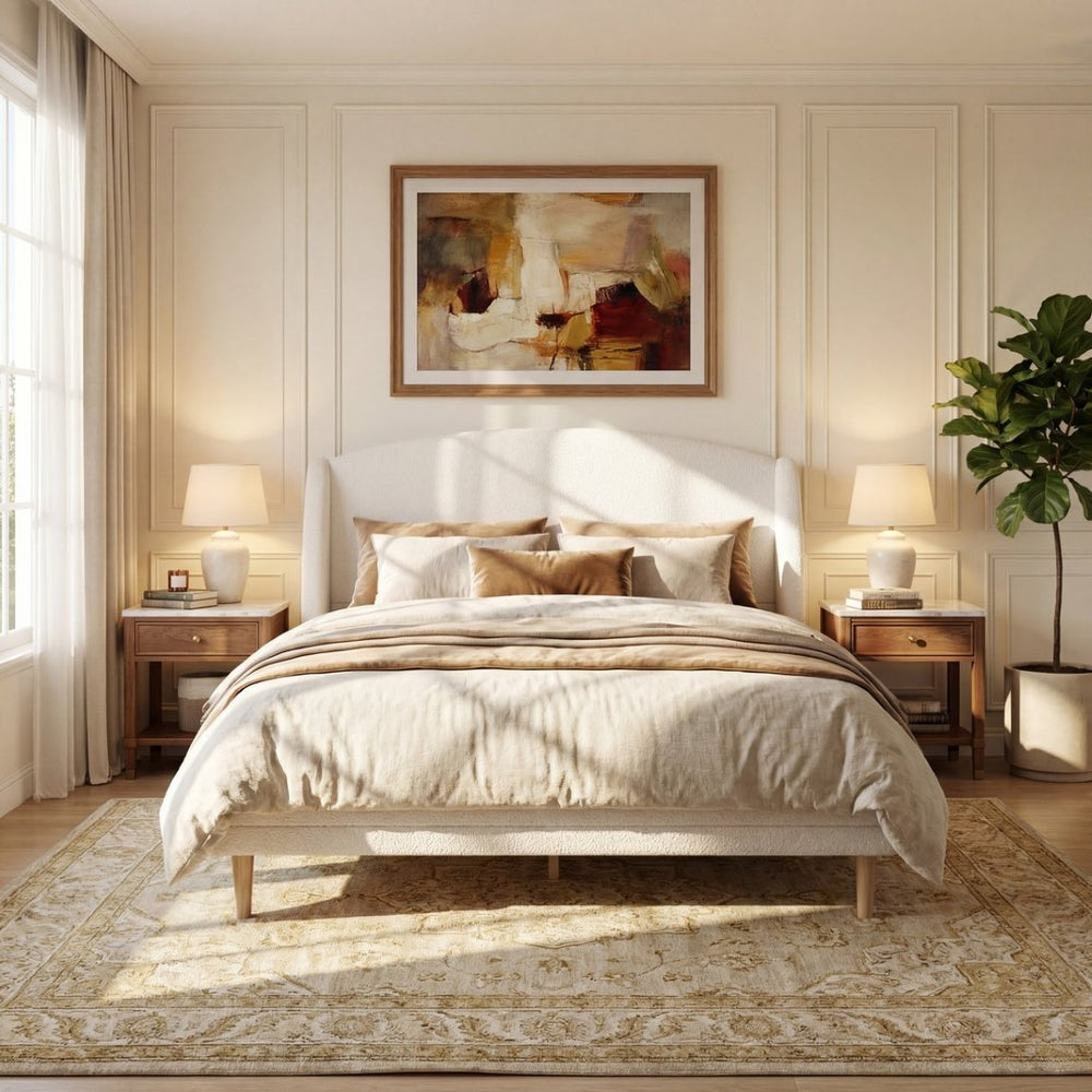English Elm Queen Boucle Upholstered Wingback Platform Bed Rounded Frame for Modern Bedroom N757Q246186W-2
