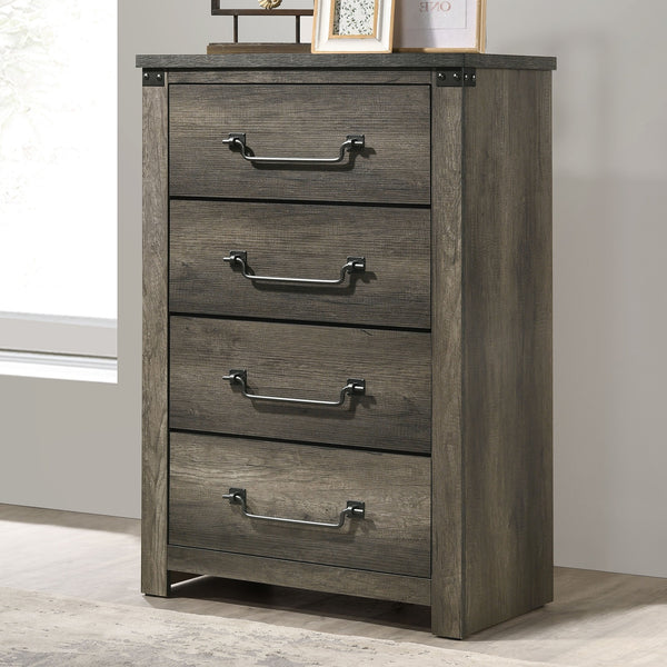 English Elm Rustic 4-Drawer Chest 33"W x 48"H Rustic Gray Finish Antique Brass Drop Handles English Dovetail Strength B2741P369850