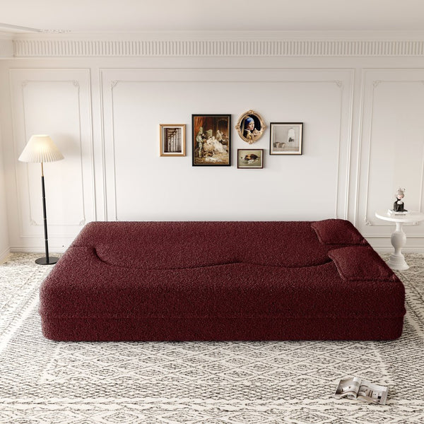 English Elm Modern Full Size Folding Sofa Bed with Teddy Fabric, 15" Foam Sleeper, Removable Covers & 2 Pillows for Guests Burgundy W1885P308173