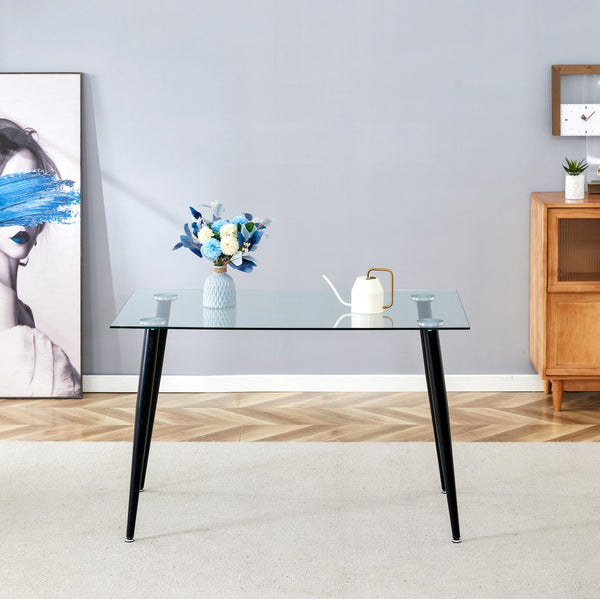 English Elm Glass Dining Table - Sleek Tempered Glass Top With Black Metal Legs For 4, Ideal For Home & Office W370S00055