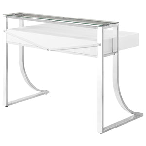 English Elm Serrano Glossy White Writing Desk with Tempered Glass Hutch, Polished Chrome Frame & 2 Drawers — Modern 48" MDF Workspace Perfect for Home Office Elegance B062S00713