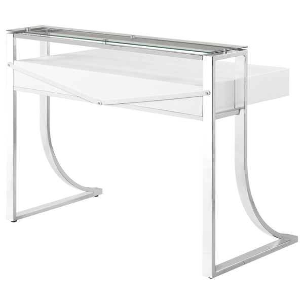 English Elm Serrano Glossy White Writing Desk with Tempered Glass Hutch, Polished Chrome Frame & 2 Drawers — Modern 48" MDF Workspace Perfect for Home Office Elegance B062S00713