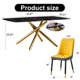 Hearth and Haven Large Modern Minimalist Rectangular Dining Table with 0.39 "Imitation Marble Black Tabletop and Golden Metal Legs, Paired with Chairs with Leatherette Cushions and Black Metal Legs. F-1537 C-007 W1151S00875 W1151S00875