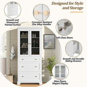 English Elm 70.1" Modern Tall Storage Cabinet with 3 Drawers, 2 Adjustable Shelves, Soft-Close Glass Doors, Gold Handles White N729P271979K
